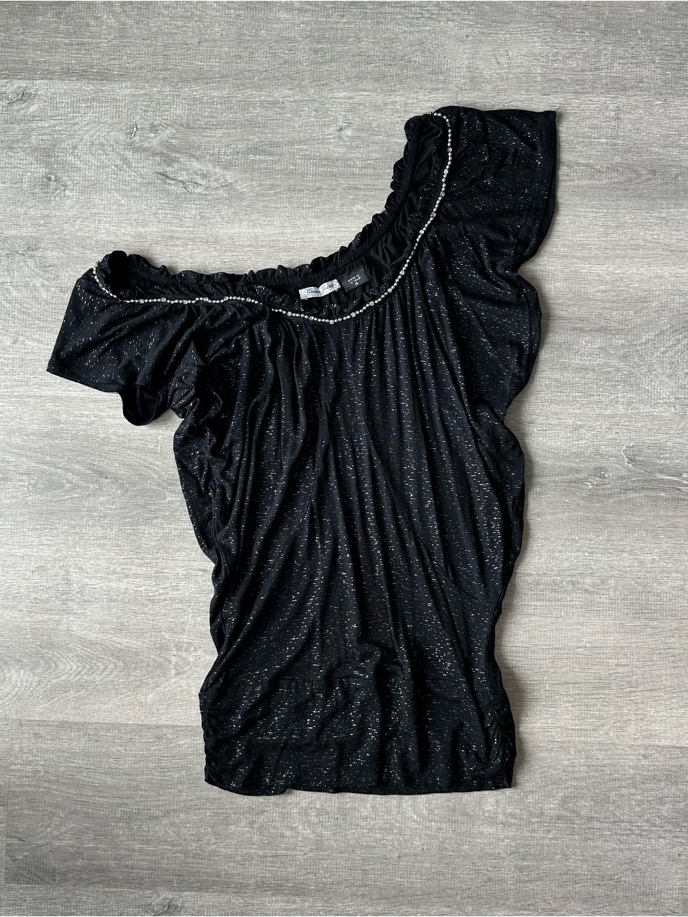 VINTAGE Y2K GUESS JEANS Black Off-The-Shoulder Top Rhinestone Trim